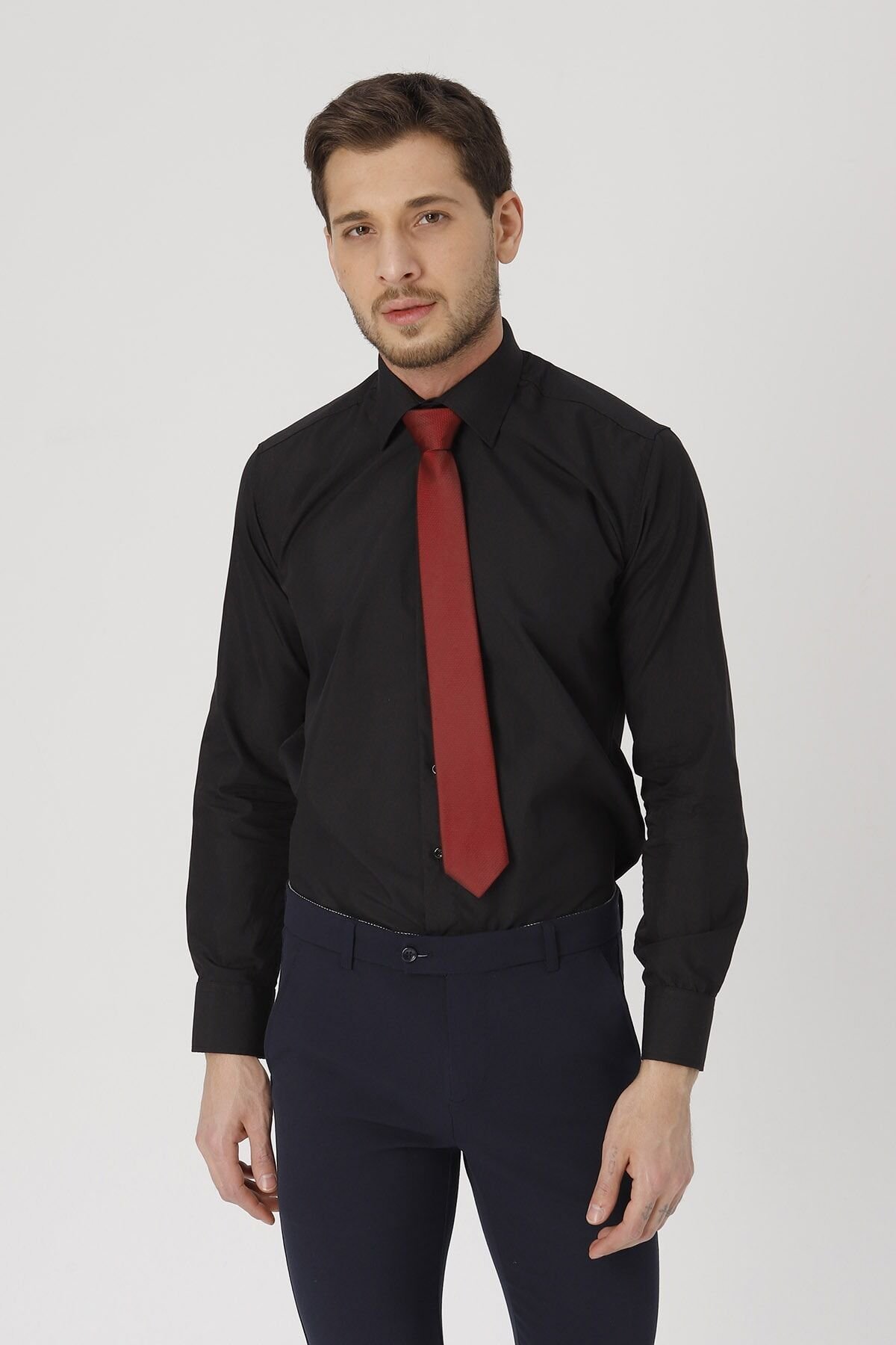 Erkek Mavi Slim Fit Klasik Gömlek Siyah - L