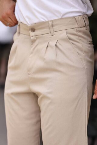 Erkek Baggy Pileli Bol Kalıp Kumaş Pantolon Krem - S