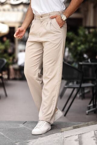 Erkek Baggy Pileli Bol Kalıp Kumaş Pantolon Krem - S