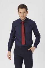 Erkek Mavi Slim Fit Klasik Gömlek Lacivert - XL