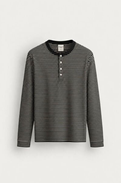 Erkek Henley Yaka Düğmeli Triko Kazak Si̇yah - S