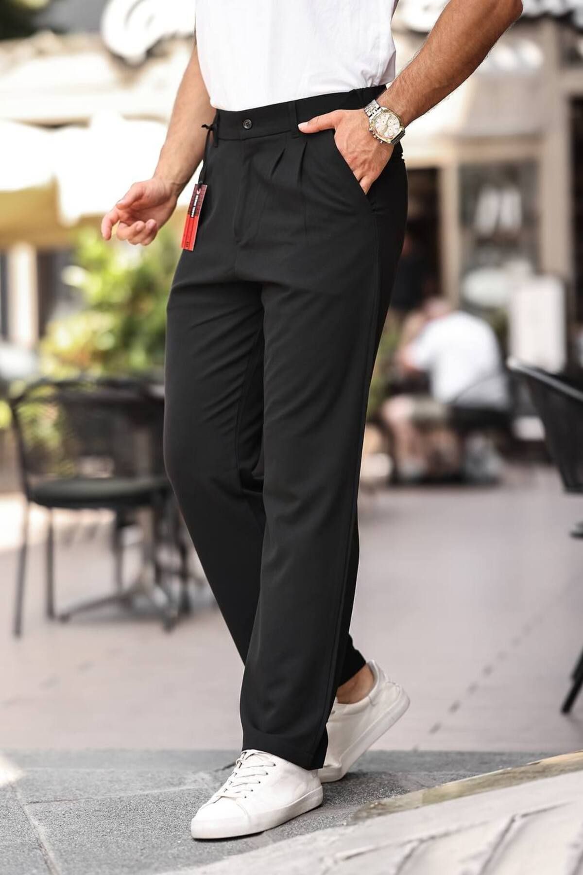 Erkek Baggy Pileli Bol Kalıp Kumaş Pantolon Siyah - S