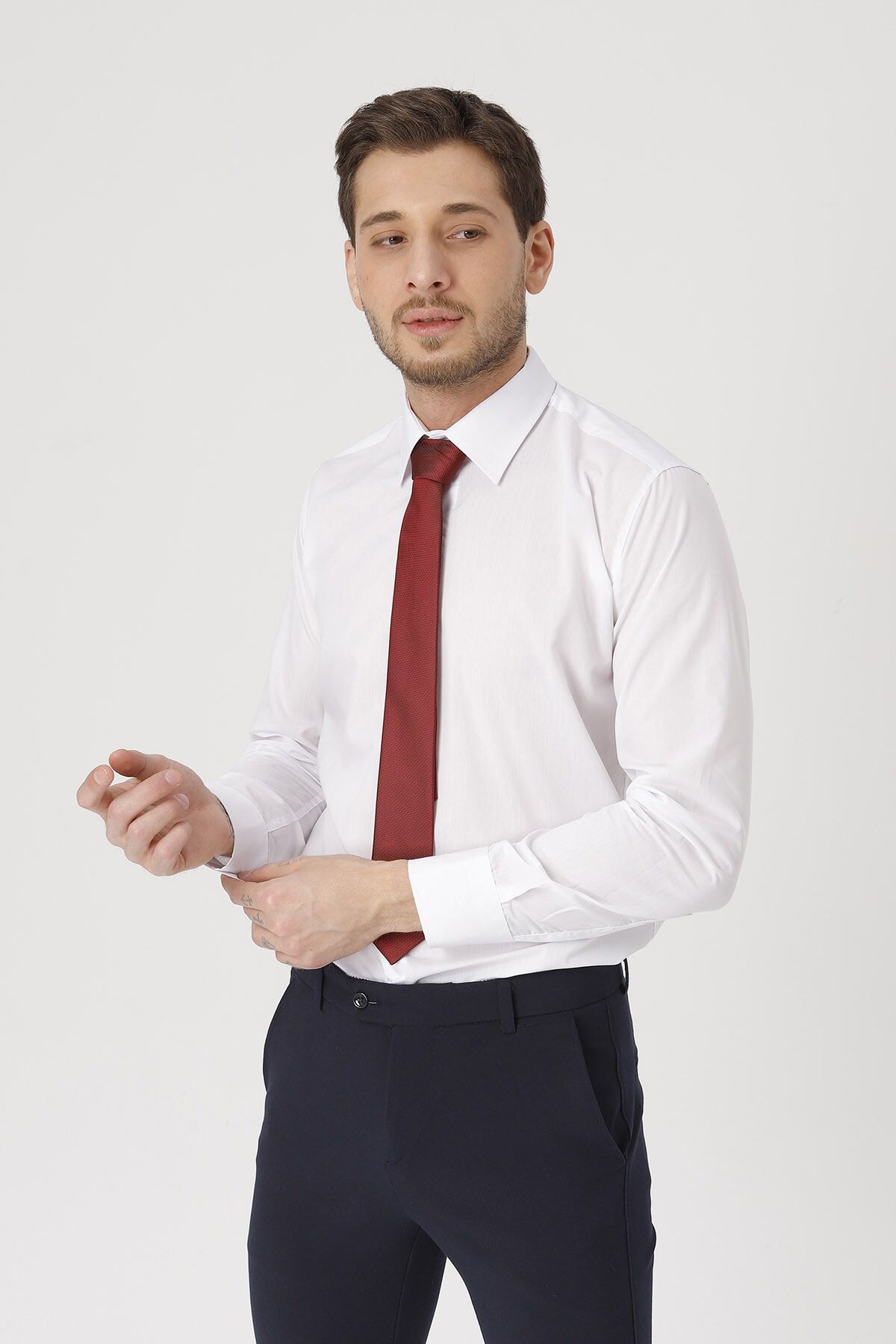 Erkek Mavi Slim Fit Klasik Gömlek Beyaz - XL