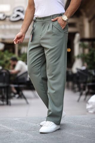 Erkek Baggy Pileli Bol Kalıp Kumaş Pantolon Açık Yeşil - L