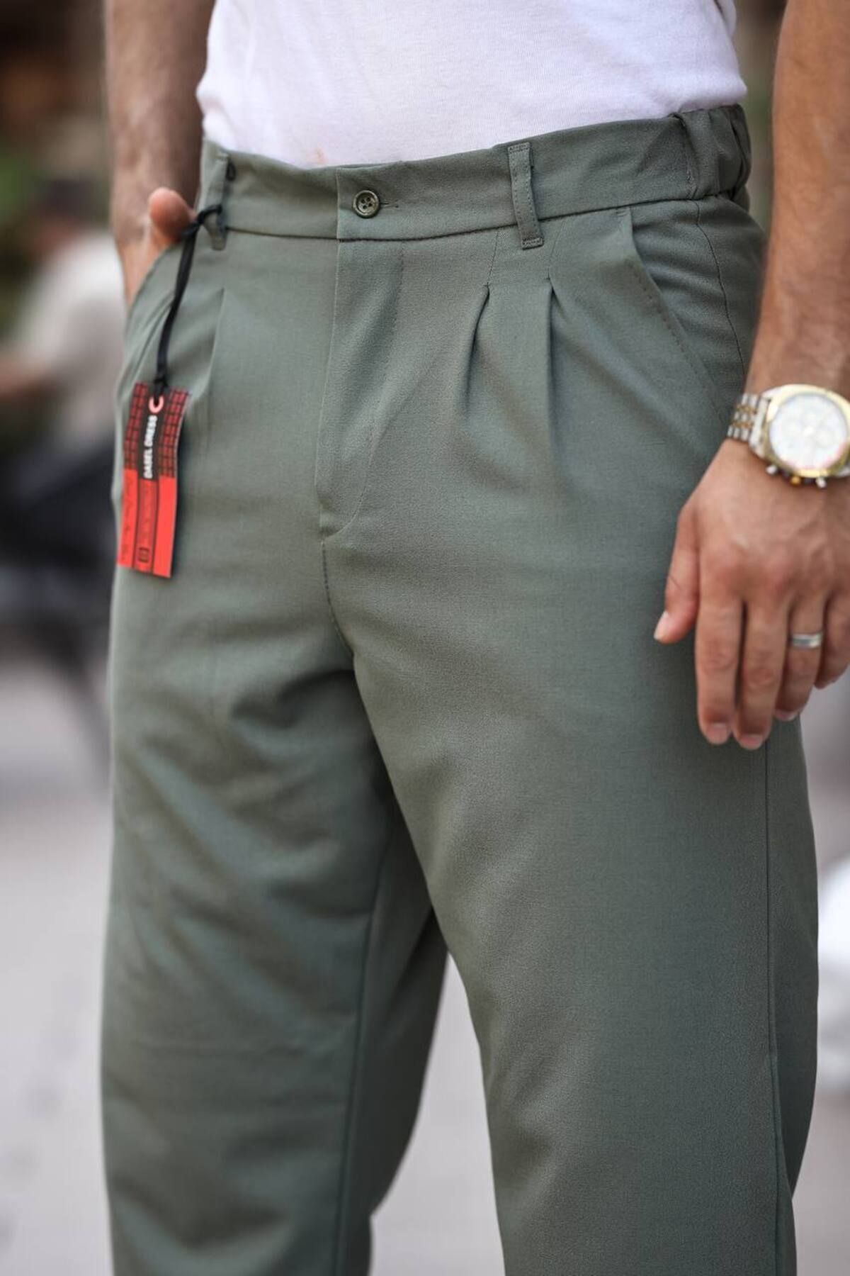 Erkek Baggy Pileli Bol Kalıp Kumaş Pantolon Açık Yeşil - L