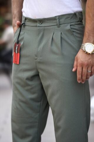 Erkek Baggy Pileli Bol Kalıp Kumaş Pantolon Açık Yeşil - L