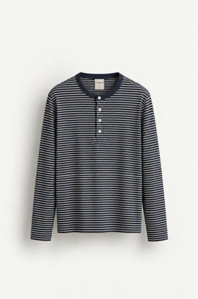 Erkek Henley Yaka Düğmeli Triko Kazak Laci̇vert - XL