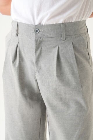 Lastikli Bel Pileli Kumaş | Bol Kesim Erkek Pantolon Gri - XL