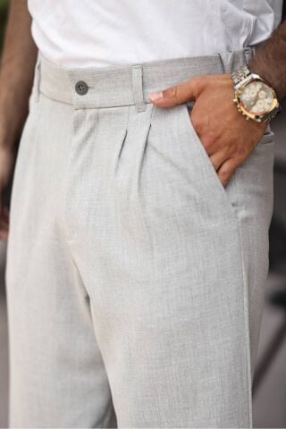 Erkek Baggy Pileli Bol Kalıp Kumaş Pantolon Gri - M