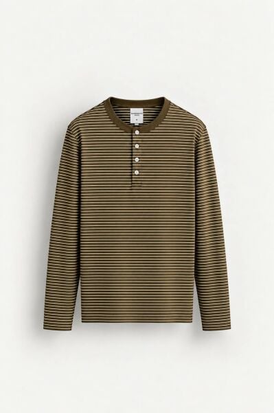 Erkek Henley Yaka Düğmeli Triko Kazak Haki̇ - XL