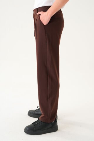 Lastikli Bel Pileli Kumaş | Bol Kesim Erkek Pantolon Acı Kahve - M