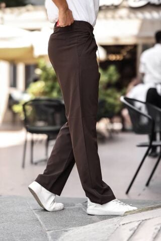 Erkek Baggy Pileli Bol Kalıp Kumaş Pantolon Acı Kahve - L