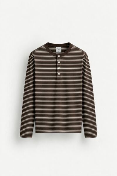 Erkek Henley Yaka Düğmeli Triko Kazak Kahverengi̇ - XL