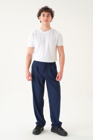 Lastikli Bel Pileli Kumaş | Bol Kesim Erkek Pantolon Lacivert - XL