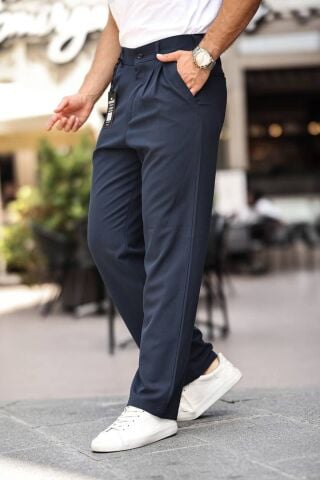 Erkek Baggy Pileli Bol Kalıp Kumaş Pantolon Lacivert - L