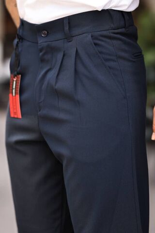 Erkek Baggy Pileli Bol Kalıp Kumaş Pantolon Lacivert - L