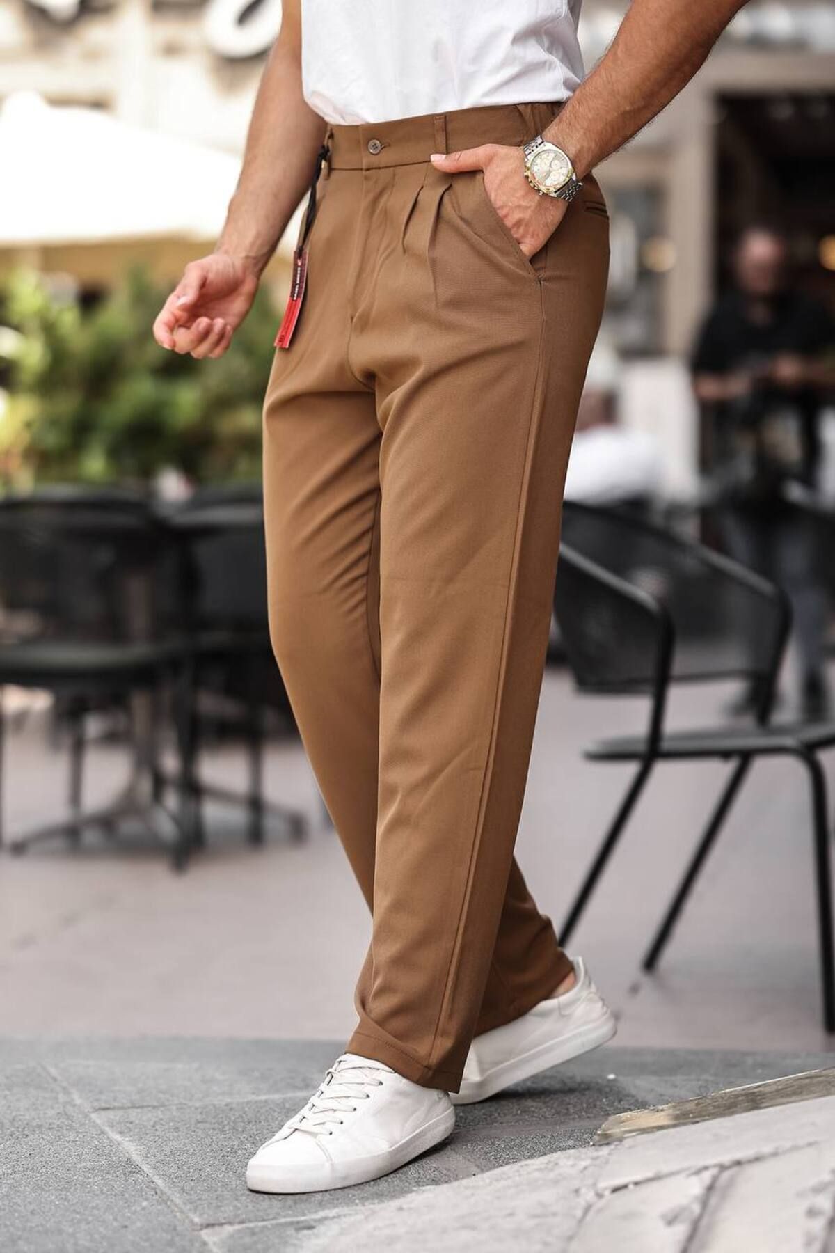 Erkek Baggy Pileli Bol Kalıp Kumaş Pantolon Açık Kahverengi - M