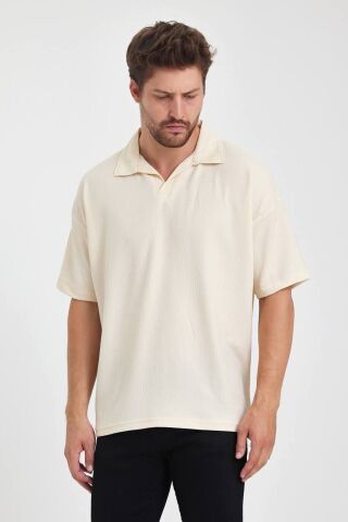 Erkek Oversize Triko Düğmesiz Polo Yaka T-shirt Krem - M