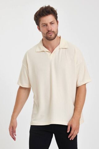 Erkek Oversize Triko Düğmesiz Polo Yaka T-shirt Krem - M