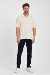 Erkek Oversize Triko Düğmesiz Polo Yaka T-shirt Krem - L