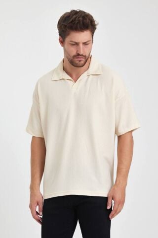 Erkek Oversize Triko Düğmesiz Polo Yaka T-shirt Krem - S
