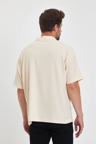 Erkek Oversize Triko Düğmesiz Polo Yaka T-shirt Krem - S