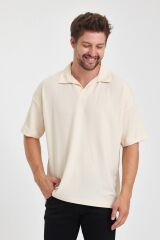 Erkek Oversize Triko Düğmesiz Polo Yaka T-shirt Krem - S