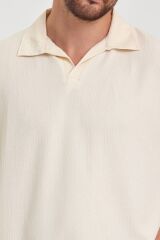 Erkek Oversize Triko Düğmesiz Polo Yaka T-shirt Krem - S