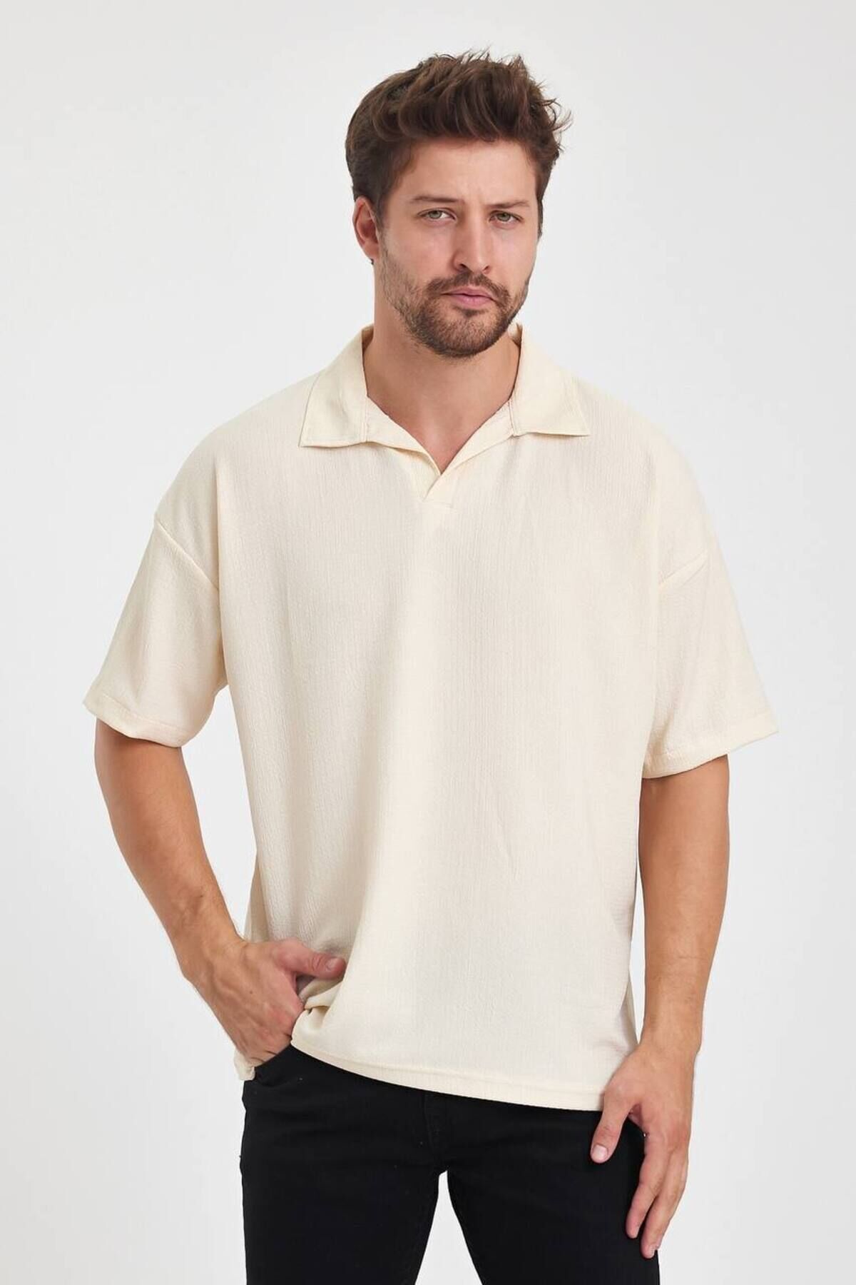 Erkek Oversize Triko Düğmesiz Polo Yaka T-shirt Krem - S