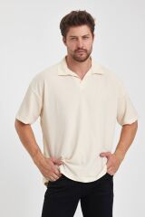Erkek Oversize Triko Düğmesiz Polo Yaka T-shirt Krem - 2XL