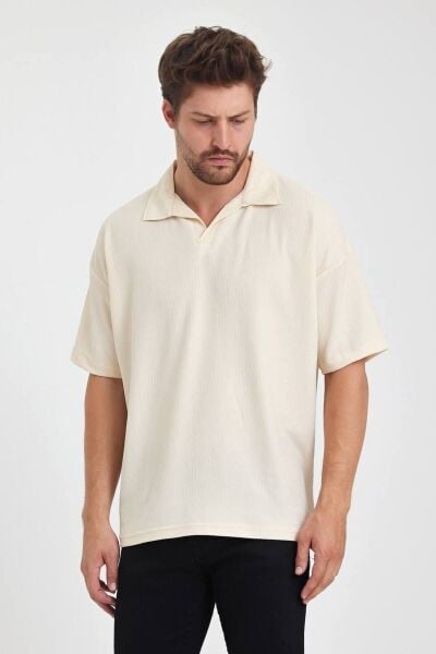 Erkek Oversize Triko Düğmesiz Polo Yaka T-shirt Krem - XL