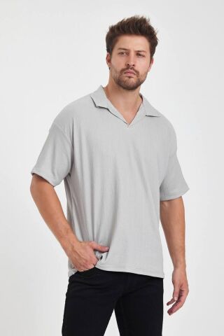 Erkek Oversize Triko Düğmesiz Polo Yaka T-shirt Gri - 2XL