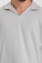 Erkek Oversize Triko Düğmesiz Polo Yaka T-shirt Gri - 2XL