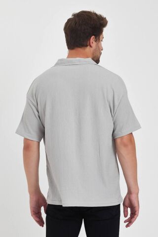Erkek Oversize Triko Düğmesiz Polo Yaka T-shirt Gri - L