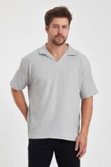 Erkek Oversize Triko Düğmesiz Polo Yaka T-shirt Gri - L