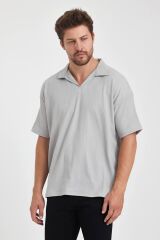 Erkek Oversize Triko Düğmesiz Polo Yaka T-shirt Gri - L