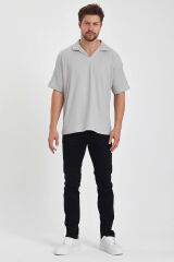 Erkek Oversize Triko Düğmesiz Polo Yaka T-shirt Gri - S