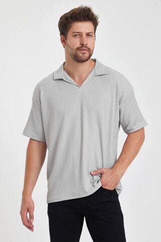 Erkek Oversize Triko Düğmesiz Polo Yaka T-shirt Gri - XL