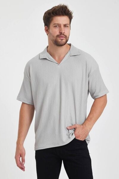 Erkek Oversize Triko Düğmesiz Polo Yaka T-shirt Gri - XL