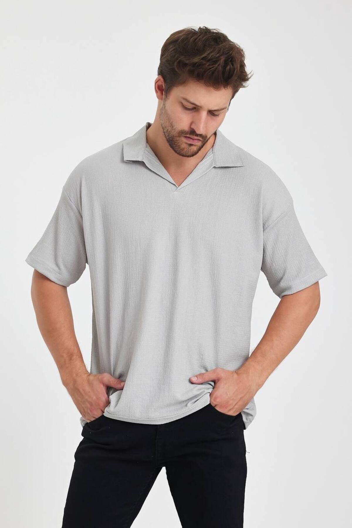Erkek Oversize Triko Düğmesiz Polo Yaka T-shirt Gri - XL