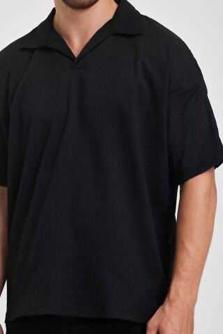 Erkek Oversize Triko Düğmesiz Polo Yaka T-shirt Siyah - XL