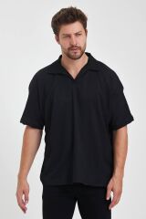 Erkek Oversize Triko Düğmesiz Polo Yaka T-shirt Siyah - L