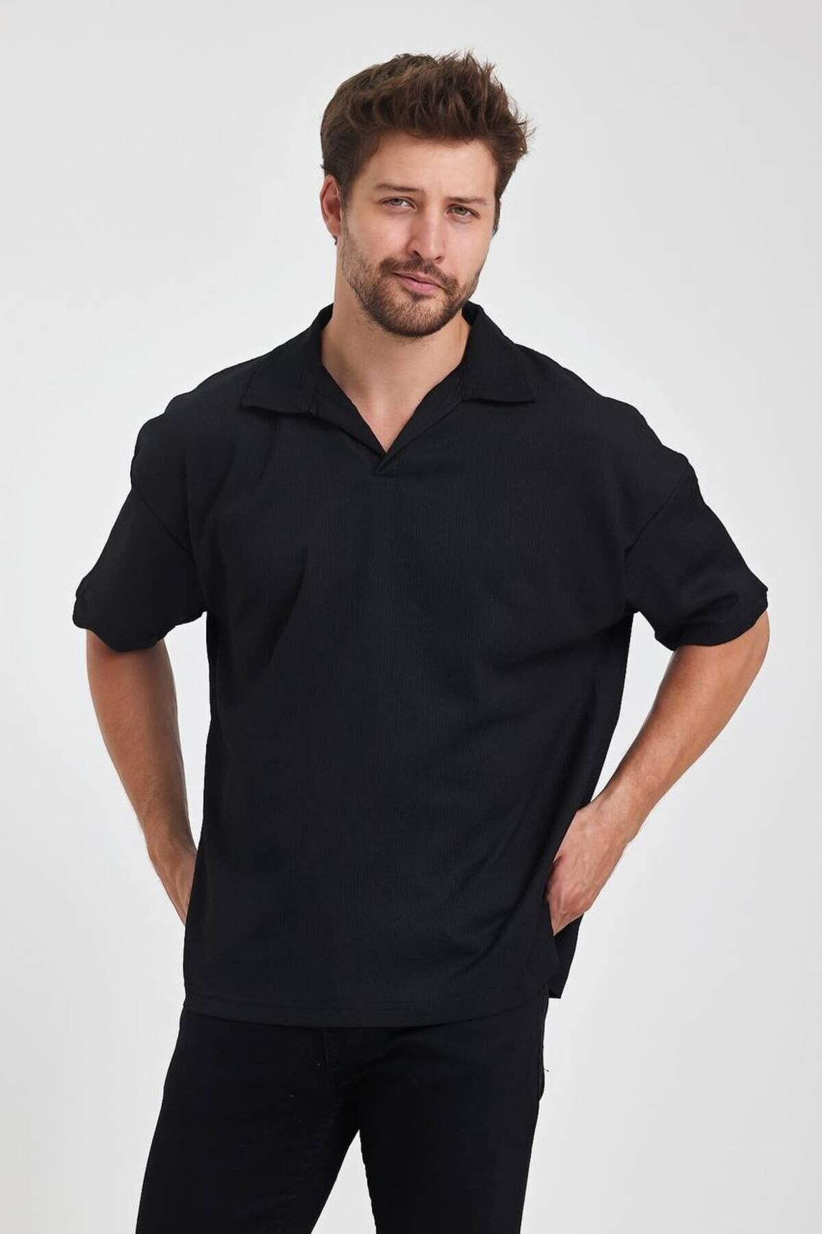 Erkek Oversize Triko Düğmesiz Polo Yaka T-shirt Siyah - L