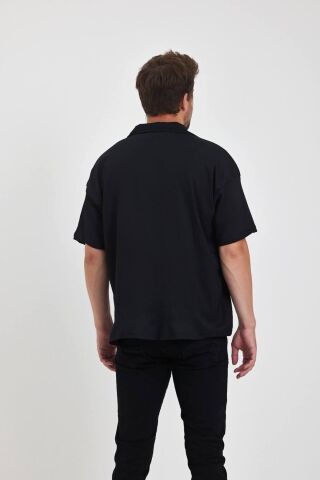 Erkek Oversize Triko Düğmesiz Polo Yaka T-shirt Siyah - M