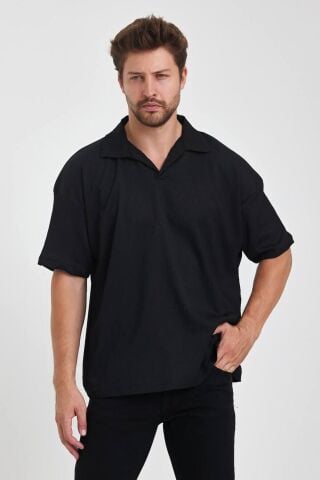 Erkek Oversize Triko Düğmesiz Polo Yaka T-shirt Siyah - S