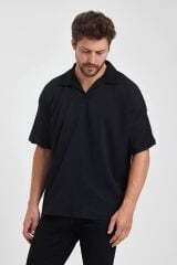 Erkek Oversize Triko Düğmesiz Polo Yaka T-shirt Siyah - S
