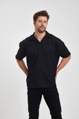Erkek Oversize Triko Düğmesiz Polo Yaka T-shirt Siyah - S