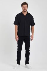 Erkek Oversize Triko Düğmesiz Polo Yaka T-shirt Siyah - S