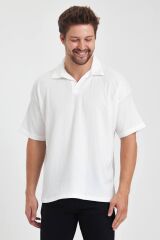 Erkek Oversize Triko Düğmesiz Polo Yaka T-shirt Beyaz - L
