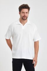 Erkek Oversize Triko Düğmesiz Polo Yaka T-shirt Beyaz - L